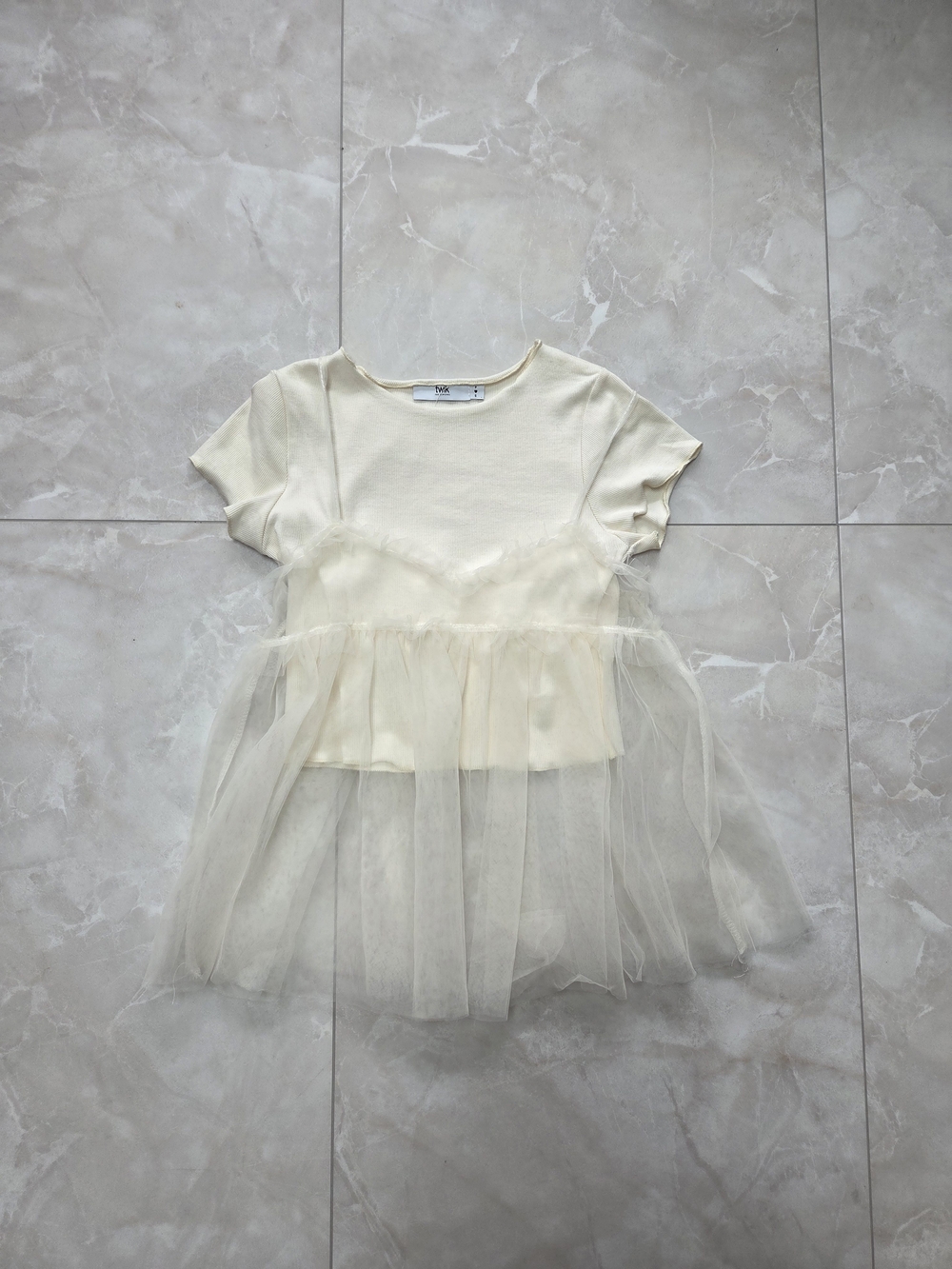 twik Cream Short-Sleeve Tulle Overlay Top